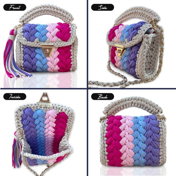 Women's Multi Handmade Crochet Evening Small Clutch Formal Flap Crossbody Bag - Picture 4 of 5